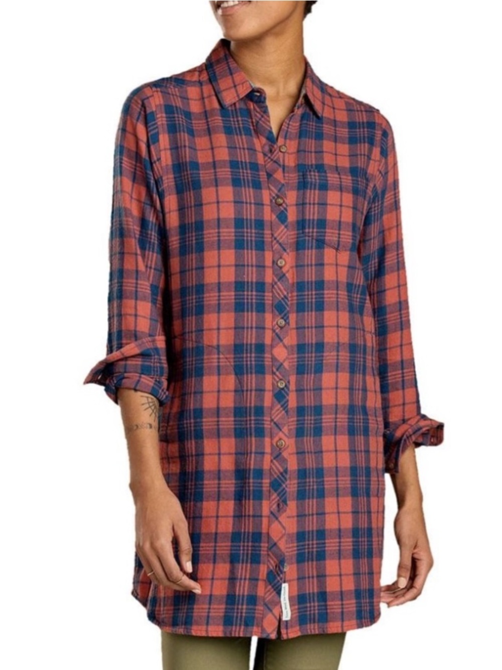 Toad & Co Duniway Long Sleeve Shirt Dress Plaid Flannel Button Down Blue Red M